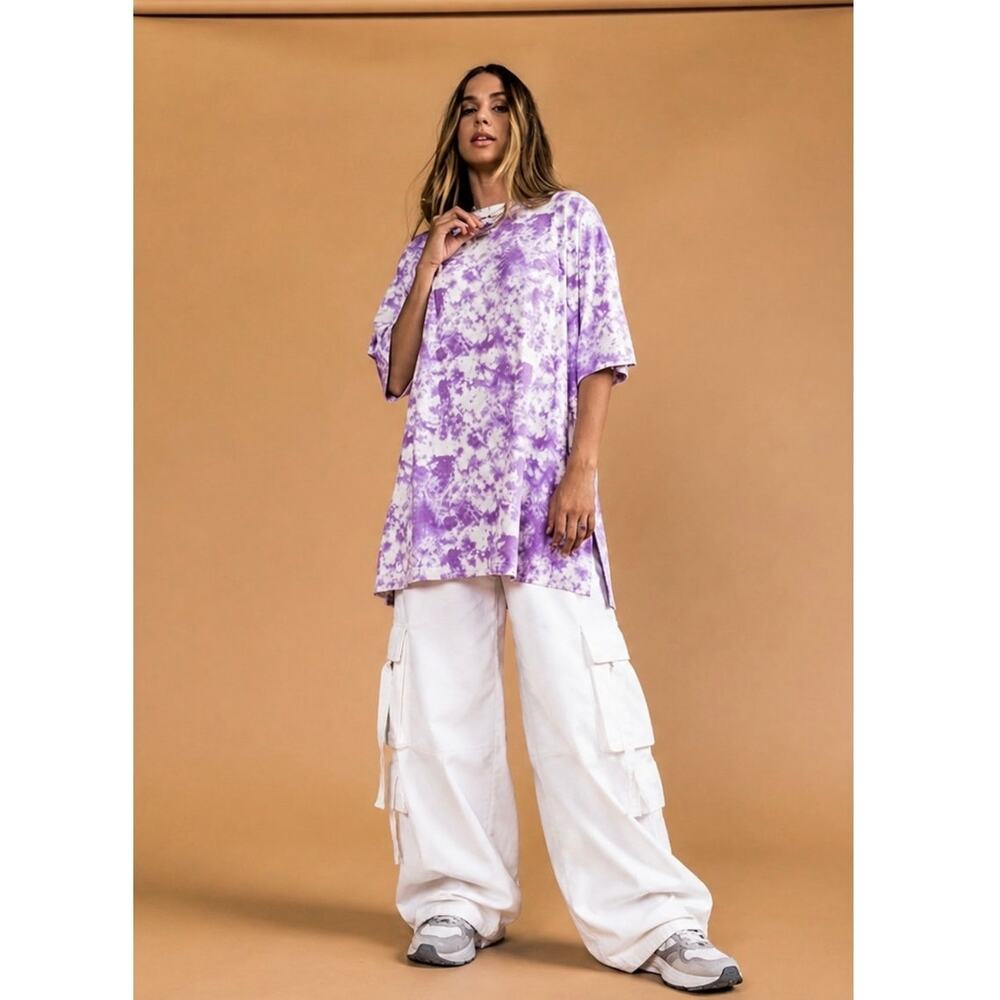 Dressed in LALA Lex Ribbed Short Sleeve Tunic Top Shirt Cosmic Tie Dye Large